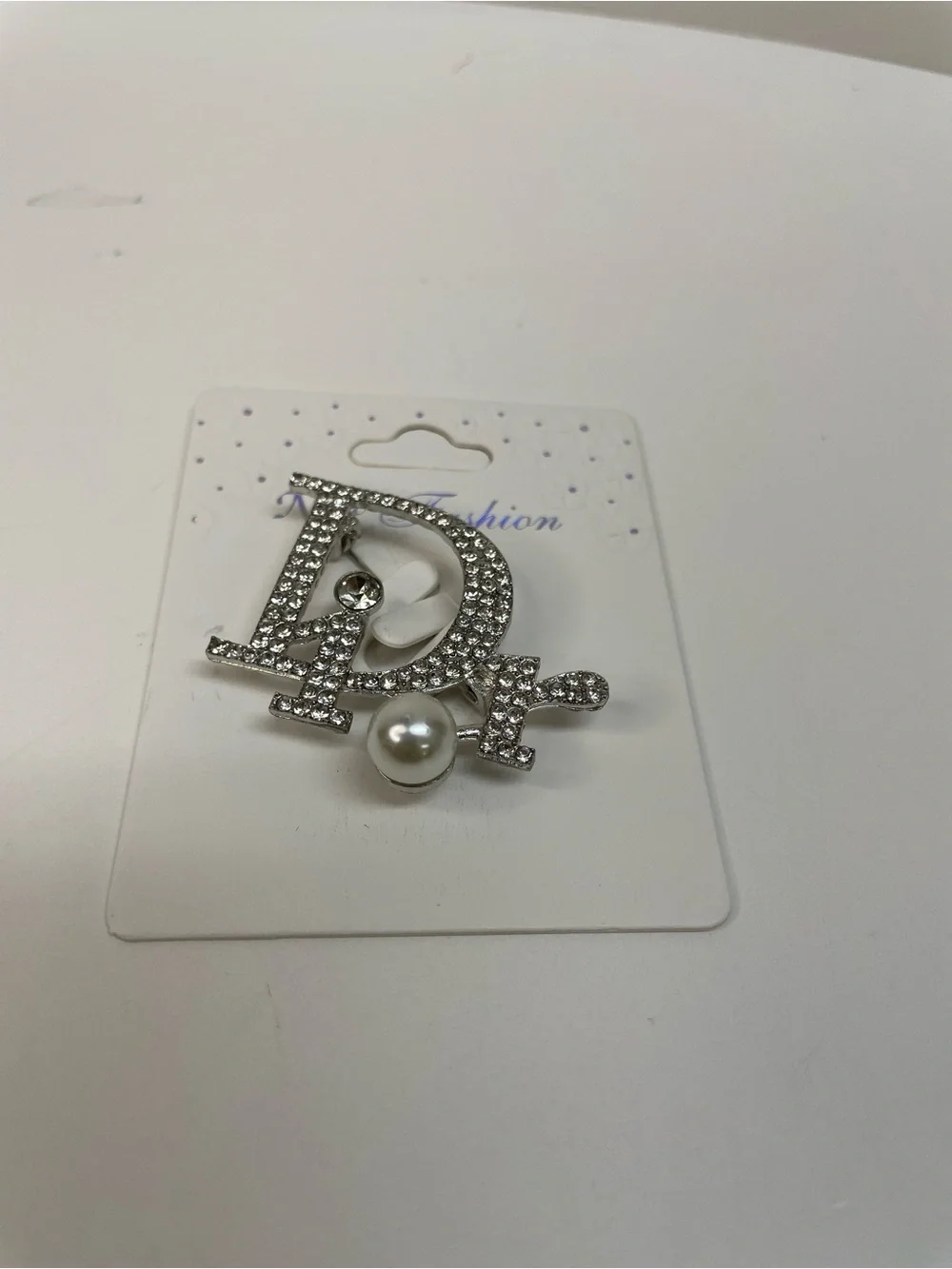 Fashion Silver-Tone Crystal 'D' Brooch with Pearl Accent